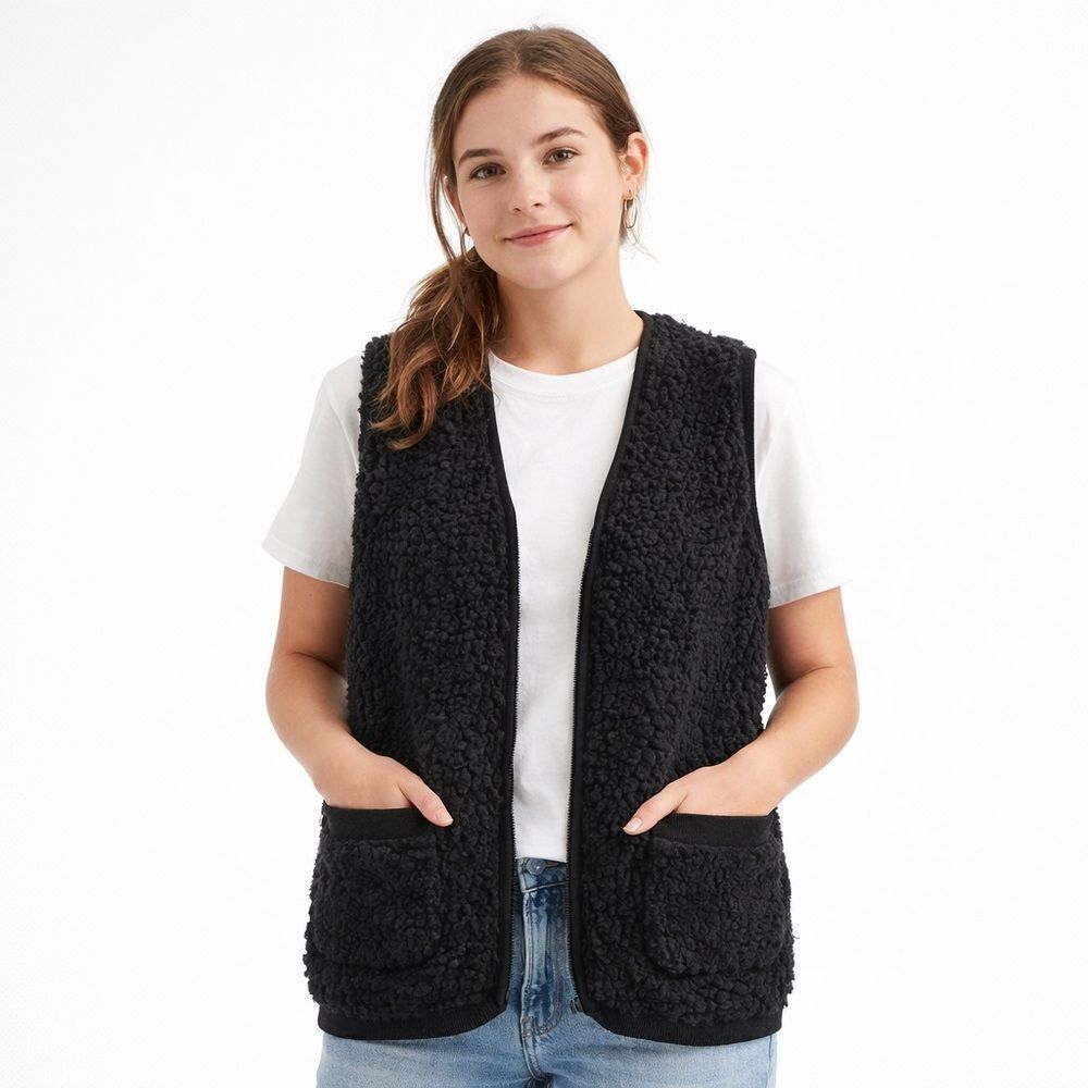 Kenzie sleeveless vest with fleece lining faux fur pockets oversized SM Black